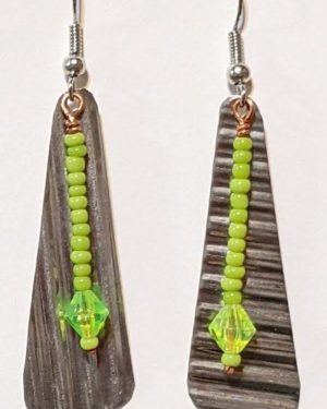 Long silver triangle earrings with lime green beads.
