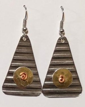 Copper triangle earrings with circles discs.