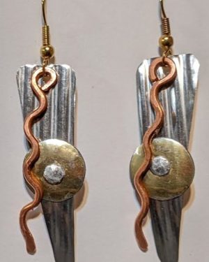 Long silver triangle earrings with copper squiggles.