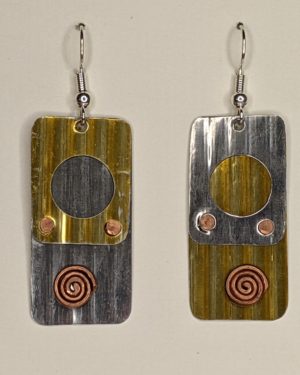silver, gold earrings with copper swirls